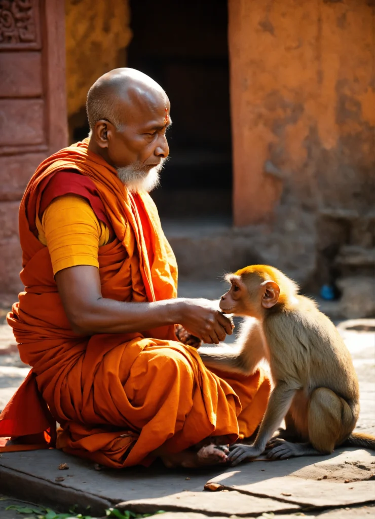 Hindu monks taking care of monkeys in a harmonious 1