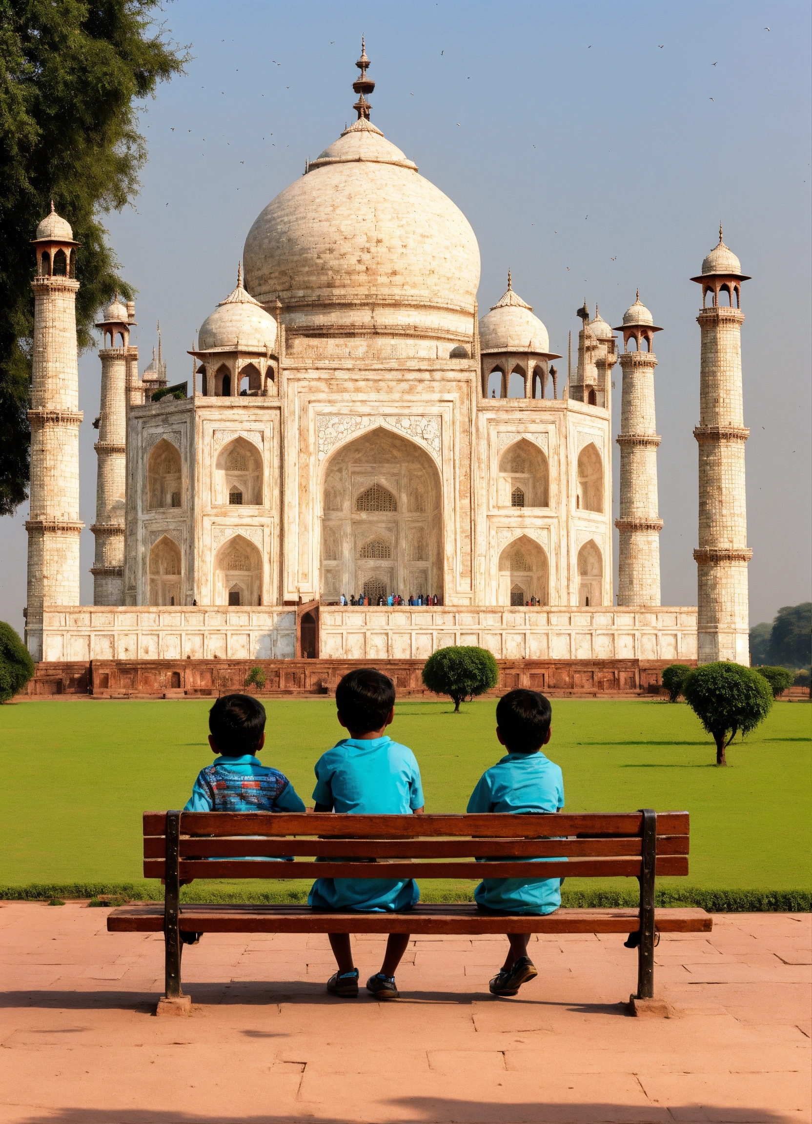 kids on park bench distance india at taj mahal