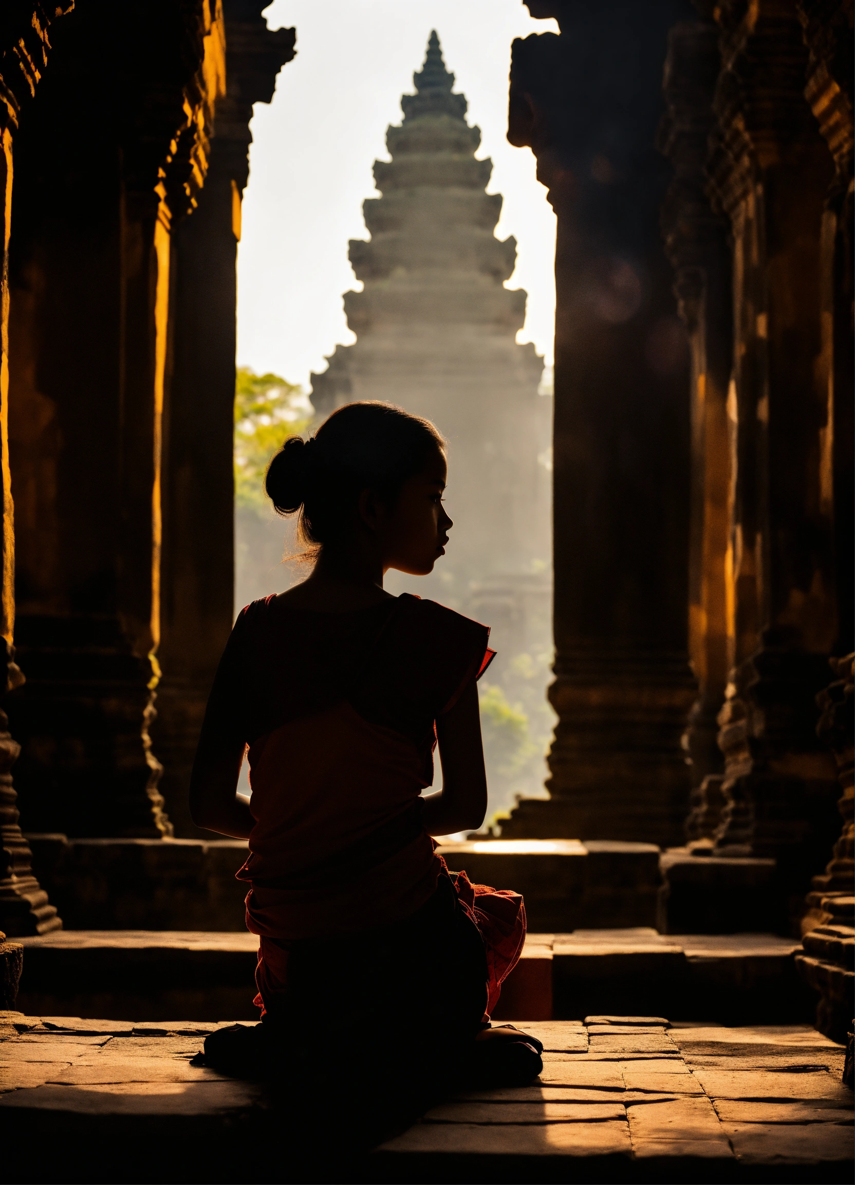 silhouette Of a girl thinking in Ankor Wat Cambodi